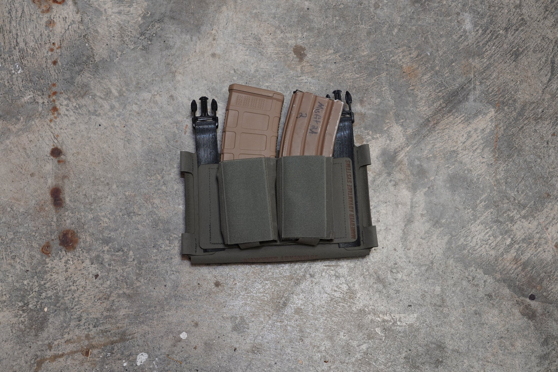 Dual Rifle Mag Holder by Maneuver Advantage Systems—Berry-compliant, low-profile mag carrier made from B52, MIL-W-5664 elastic, and VELCRO®. Holds two AR-15 mags or similar gear with a snag-free design.
